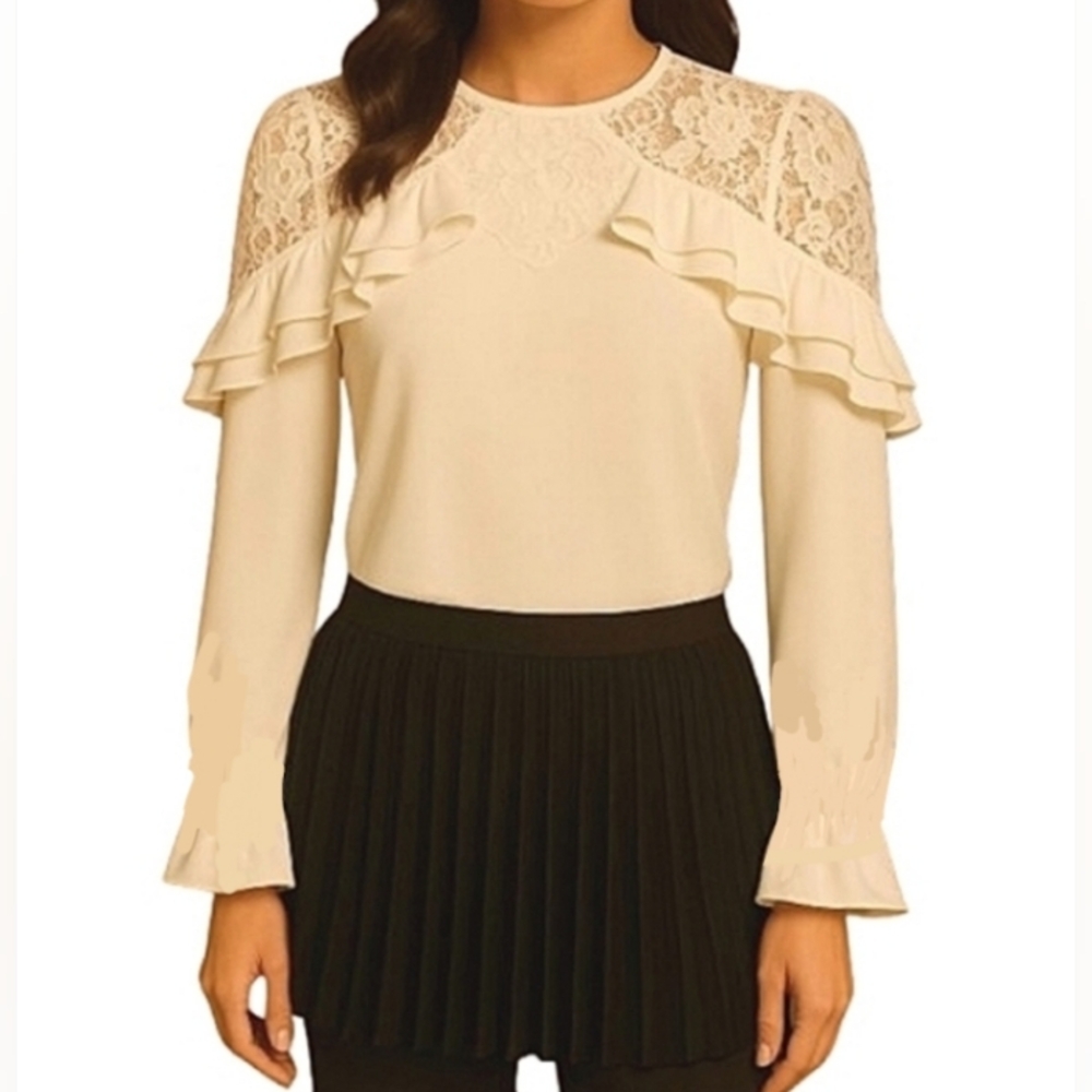 Lipsy London Ruffle Lace Blouse Embellished Long Sleeve Off White 4